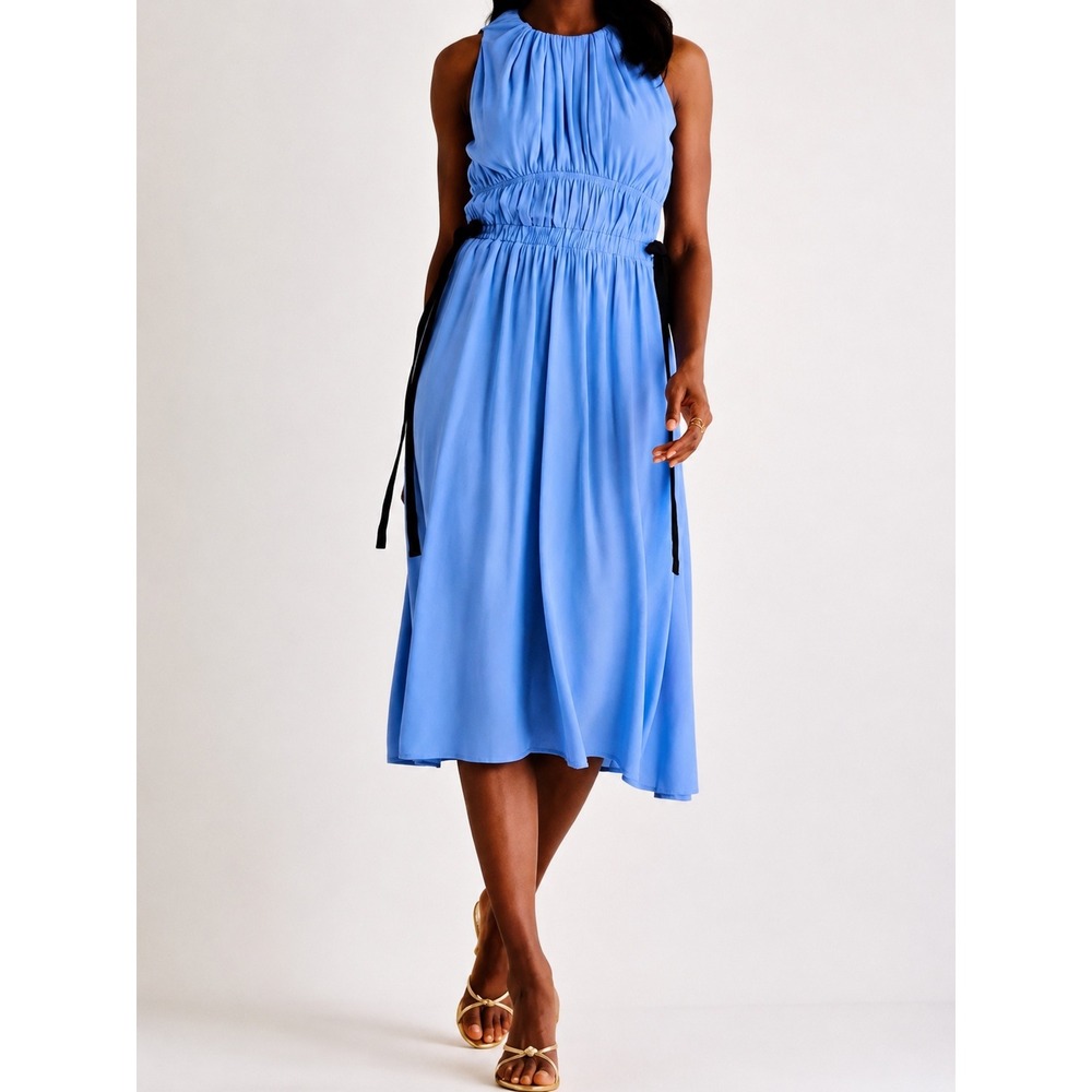 NWOT‎ Avara Estee Midi Dress Cornflower Blue Smocked Waist Black Side Bows L